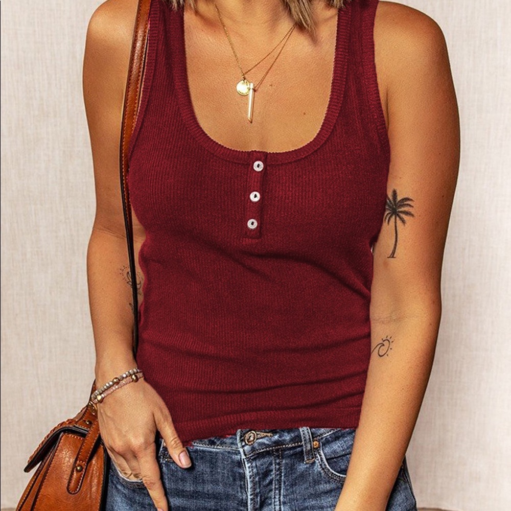 Burgundy Ribbed Button Up Tank